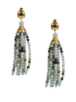 Kenneth Jay Lane 12-row Amazonite Tassel Clip Earrings