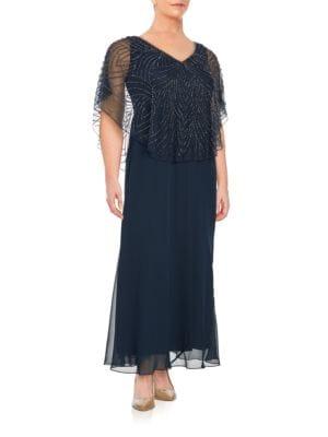 J Kara Plus Beaded Overlay Gown