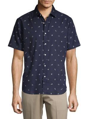Black Brown Printed Short Sleeve Button-front Shirt