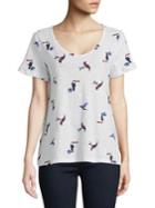 Lord & Taylor Plus Tropical Bird Cotton Slub V-neck Roll Sleeve Tee