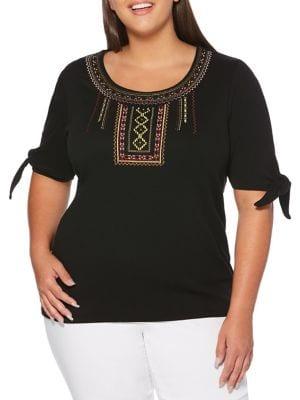Rafaella Plus Embroidered Tie Sleeve Top