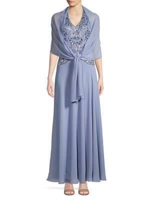 J Kara Petite Sequined Halter Chiffon Gown