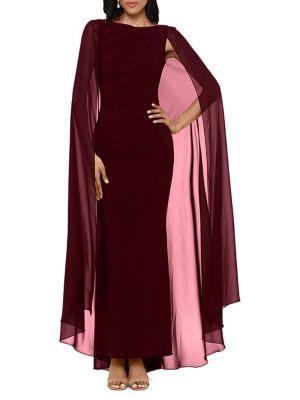 Betsy & Adam Chiffon Cape Gown