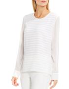 Vince Camuto Petite Roundneck Sheer-sleeve Ribbon-striped Blouse