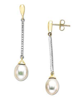 Lord & Taylor Diamond And Pearl Drop Earrings In Two Tone 14 Kt. Gold 7mm X 9mm