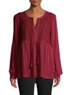 Daniel Rainn Embroidered Lace Split Neck Top