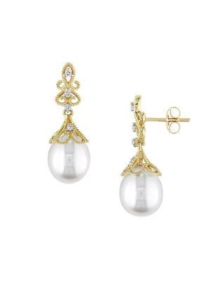 Sonatina 14k Yellow Gold, White Rice Pearl & Diamond Dangle Earrings