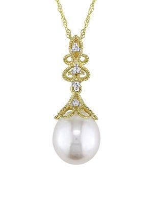 Sonatina 9-9.5mm Cultured Freshwater Pearl, Diamond And 14k Yellow Gold Vintage Drop Necklace