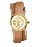 Tory Burch Reva Goldtone Stainless Steel & Leather Double-wrap Strap Watch/brown