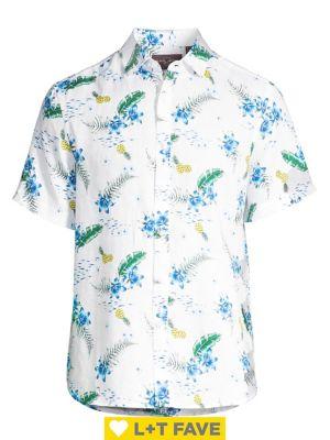 Black Brown Botanical-print Linen Button-down Shirt