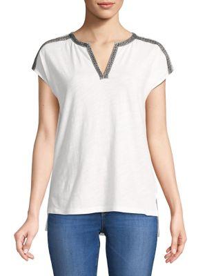 Lord & Taylor Plus Embroidered-stripe Splitneck Top