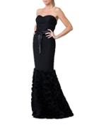 Js Collections Strapless Shirred Mesh Gown With Flowered Skirt