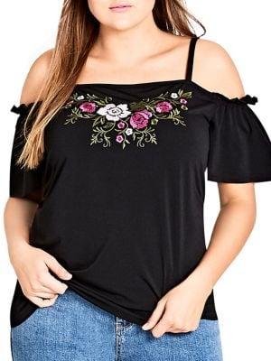 City Chic Plus Embroidered Flower Top