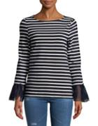 Beach Lunch Lounge Tulle Bell-sleeve Striped Cotton Top