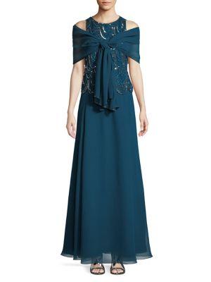 J Kara 2-in-1 Embellished Floor-length Gown And Scarf