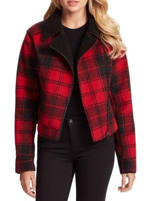 Jessica Simpson Fleetwood Plaid Faux Shearling Moto Jacket