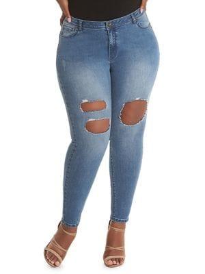 La La Anthony Plus Slim-fit Destructed Mid-rise Jeans