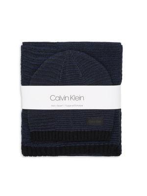 Calvin Klein Two-piece Marled Asymmetric Garter Stitch Beanie & Scarf Set