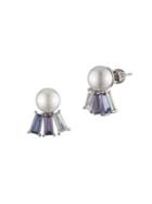 Carolee Daphne Silvertone, Faux Pearl And Crystal Stud Earrings