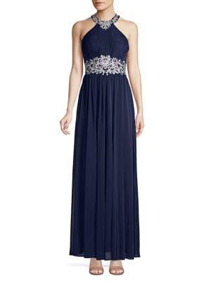 Betsy & Adam Embroidered Halterneck Column Gown