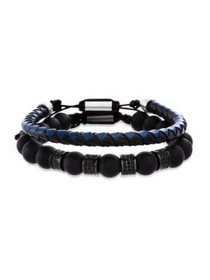 Lord & Taylor 2-piece Stainless Steel, Black Crystal & Leather Bracelet Set
