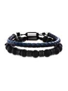 Lord & Taylor 2-piece Stainless Steel, Black Crystal & Leather Bracelet Set