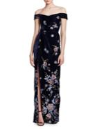 Marchesa Notte Off-the-shoulder Embroidered Velvet Gown