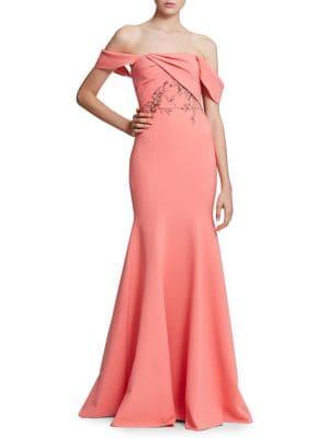 Marchesa Notte Embellished Off-the-shoulder Gown
