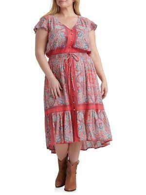 Lucky Brand Plus Printed Cotton Blend Midi Dress