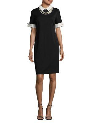 Karl Lagerfeld Paris Mixed Media Dress With Faux Pearl Necklace