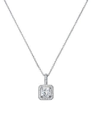 Crislu Classic Sterling Silver Princess Cut Halo Pendant Necklace