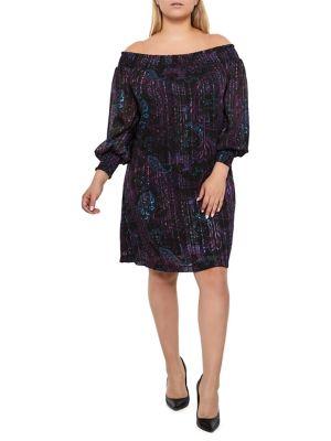 Addition Elle Michel Studio Plus Off-the-shoulder Smocked Printed Balloon Dress