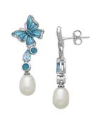 Lord & Taylor Sterling Silver Blue And White Topaz Freshwater Pearl Drop Earrings