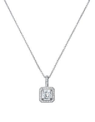 Crislu Classic Crystal, Sterling Silver And Pure Platinum Princess Cut Halo Pendant Necklace