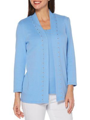 Rafaella Petite Embellished 2-in-1 Cotton Top & Cardigan