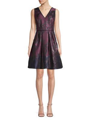 Vince Camuto V-neck Metallic Jacquard Flare Dress