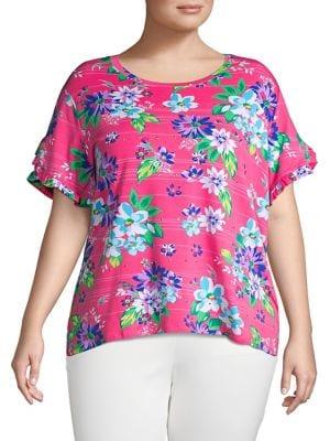 Rafaella Plus Bright Blossoms Studded Ruffle Flutter Top