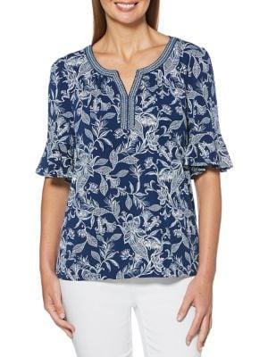 Rafaella Floral Ruffle-sleeve Top