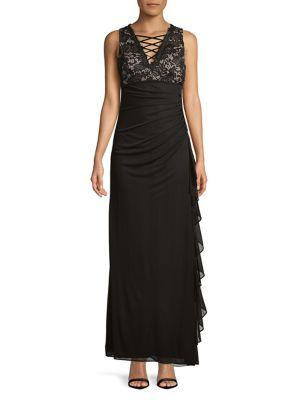 Betsy & Adam Frayed Ruched Lace Dress