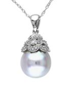 Sonatina 14k White Gold, 10-10.5mm Round White Pearl & Diamond Pendant Necklace