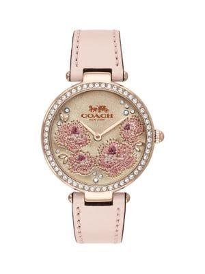 Coach Park Carnation Goldtone Stainless Steel, Swarovski Crystal & Leather-strap Watch