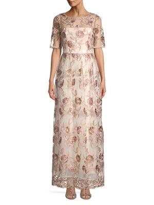 Adrianna Papell Embroidered Floral A-line Gown