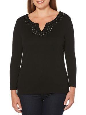 Rafaella Petite Studded Neck Long Sleeve Top