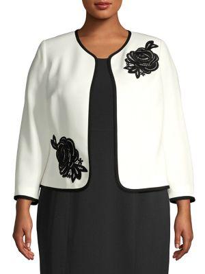Albert Nipon Plus Jewel Neck Floral Trimmed Blazer