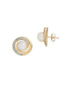Lord & Taylor 7mm Freshwater Pearl, Diamonds And 14k Yellow Gold Swirl Stud Earrings