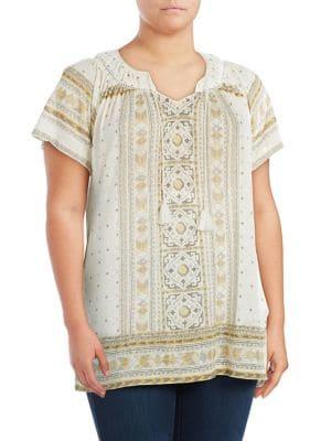 Lucky Brand Plus Tassel Printed Top