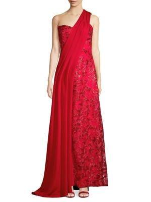 Tadashi Shoji One-shoulder Drape Floral Dress
