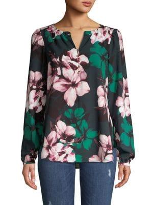 Joan Vass Floral Split Neck Blouse