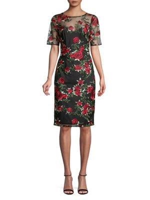Adrianna Papell Falling Roses Embroidered Sheath Dress
