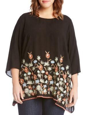 Karen Kane Plus Embroidered Floral Flare Hem Top